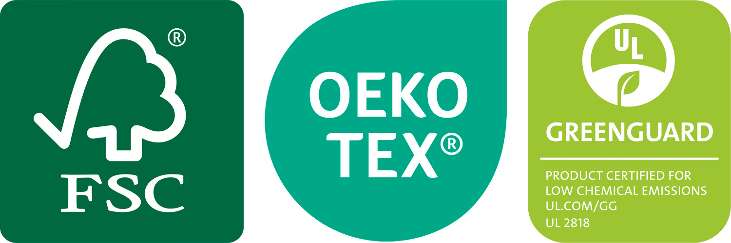 Логотипи міжнародних екологічних сертифікатів: FSC, OEKO-TEX, GREENGUARD