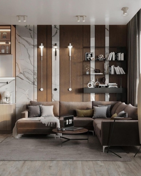 Коричневий диван у поєднанні з яскравими акцентами