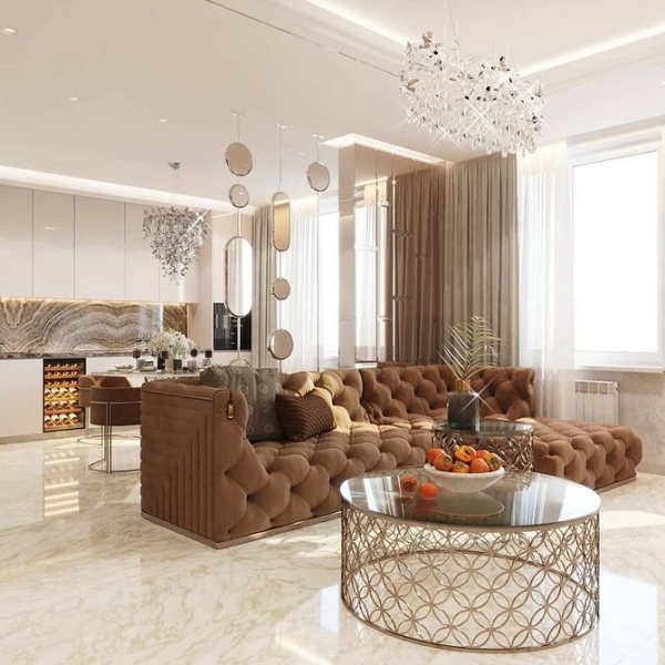 Коричневий диван у поєднанні з нейтральними відтінками