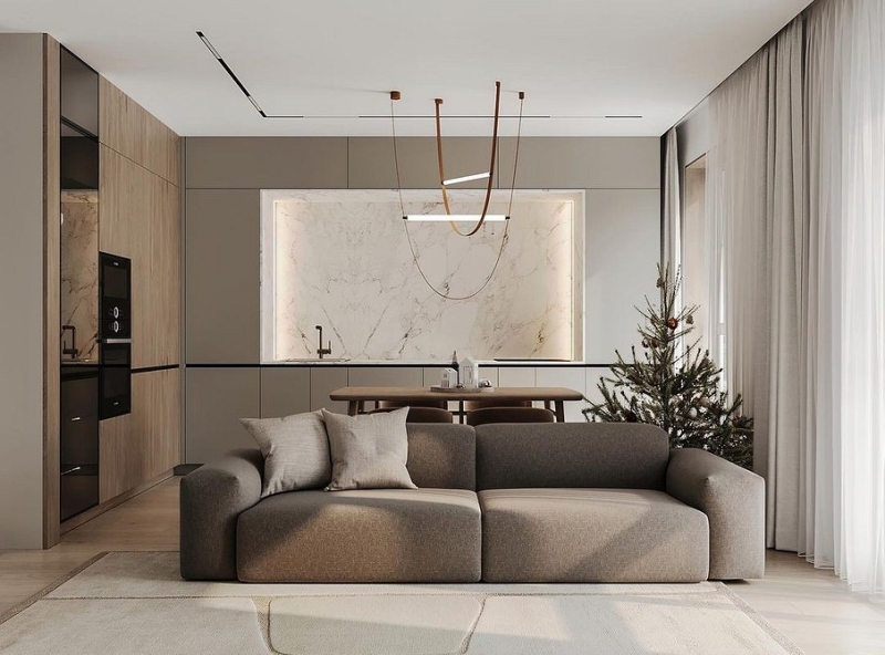 Коричневий диван в інтер'єрі кухні: сучасний дизайн