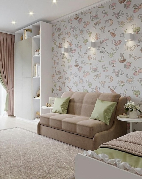 Коричневий диван в інтер'єрі дитячої: місце для ігор