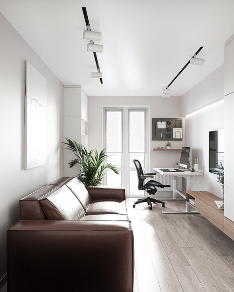 Коричневий диван в інтер'єрі кабінету: місце для відпочинку