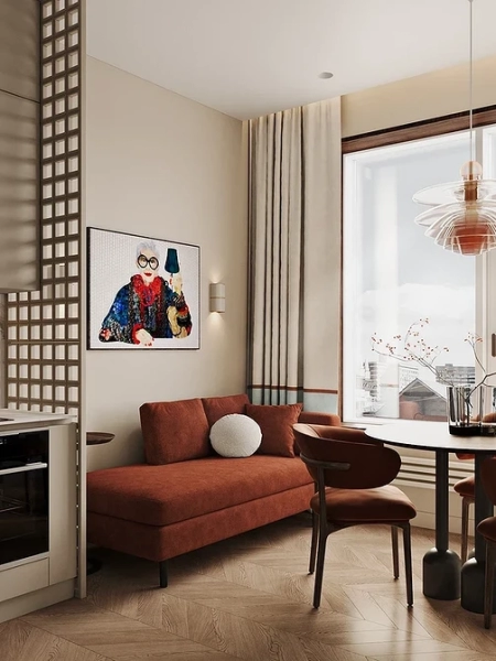 Коричневий диван в інтер'єрі кухні: дизайн