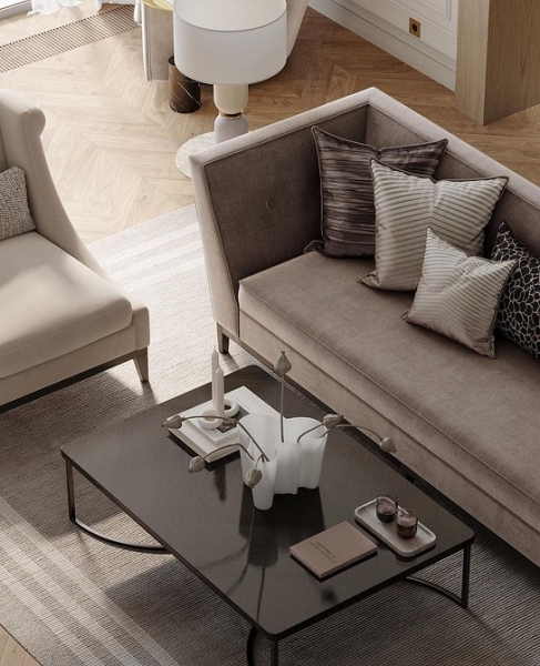 Стильний дизайн вітальні з коричневим диваном