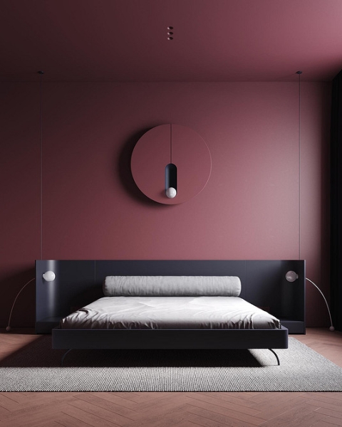 Геометричне узголів'я ліжка в сучасній спальні