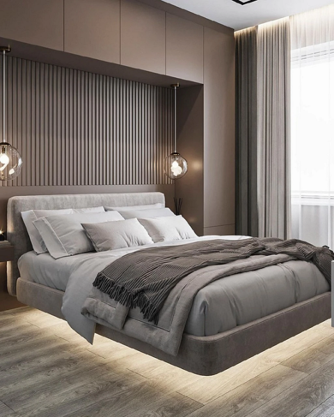 Спальня з парящим ліжком та мінімалістичним дизайном